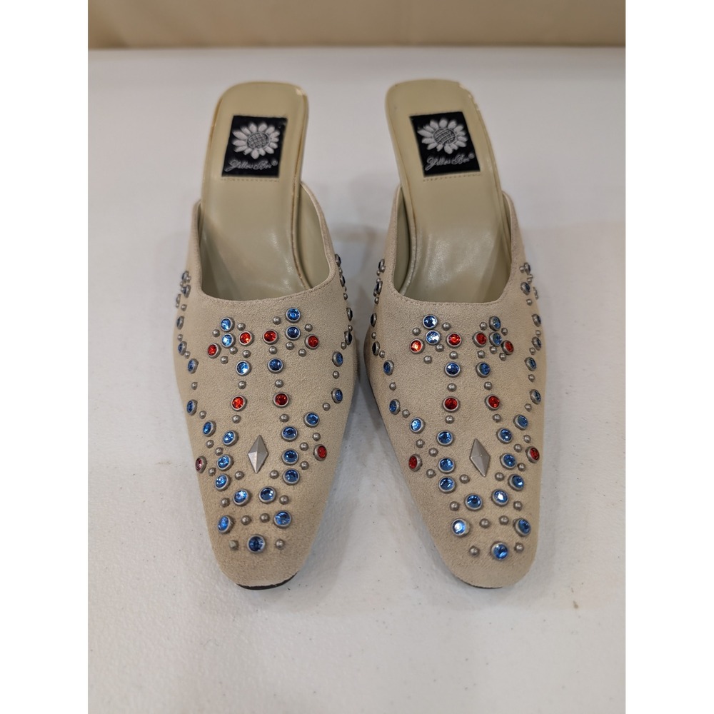 Yellow Box Jody Embellished Rhinestone Square Toe Beige Heel Mules Size 7.5 - Picture 1 of 9